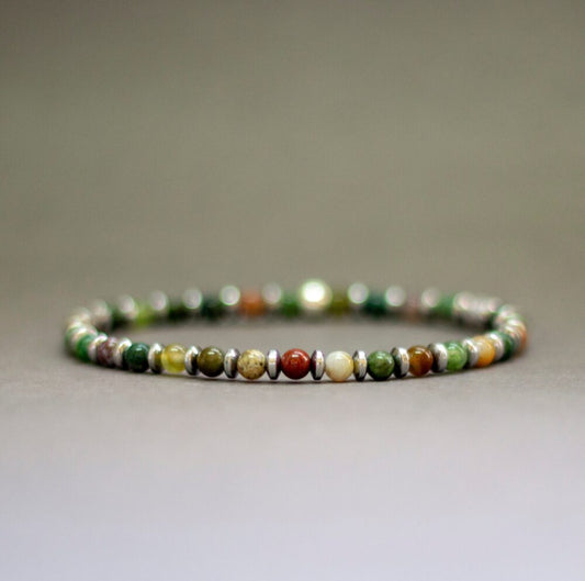 Moss Agate and Silver Hematite Bracelet 4mm β Pulse Collection - Aquarius Stones