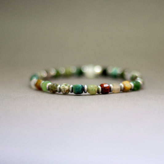 Moss Agate and Silver Hematite Bracelet 5mm – Earth Cubes Collection - Aquarius Stones