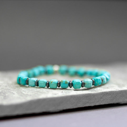 Turquoise and grey Hematite Bracelet 5mm β Earth Cubes Collection - Aquarius Stones