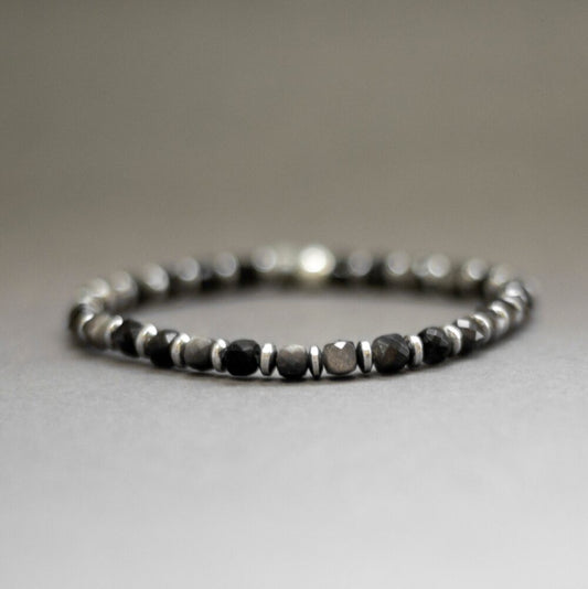 Obsidian and Silver Hematite Bracelet 4mm – Pulse Collection - Aquarius Stones